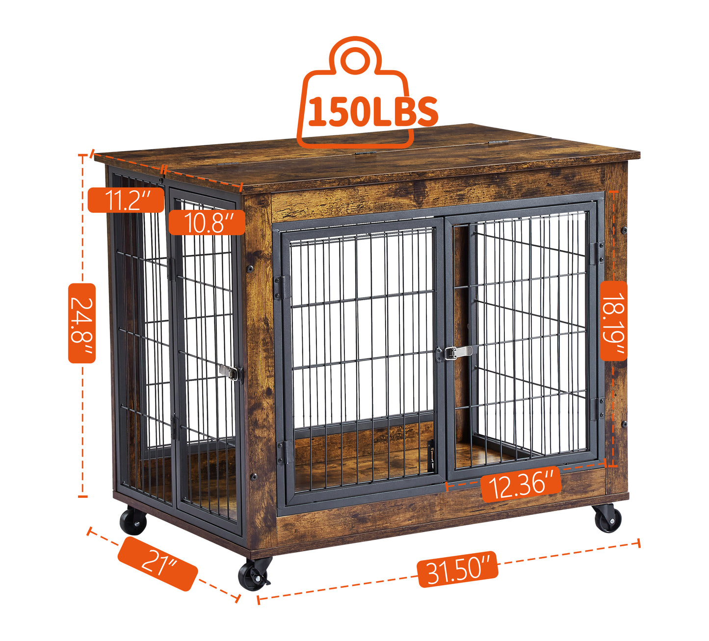 Furniture Style Dog Crate Side Table on Wheels with Double Doors & Lift Top. Grey, 31.50'' W x 22.05'' D x 25'' H.