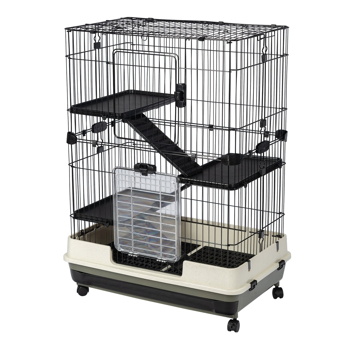 4-Tier 32" Small Animal Cage, Height Adjustable with Lockable Casters, Grilles & Pull-out Tray for Rabbit, Chinchilla, Ferret, Bunny, Guinea Pig, Squirrel, Hedgehog - Black