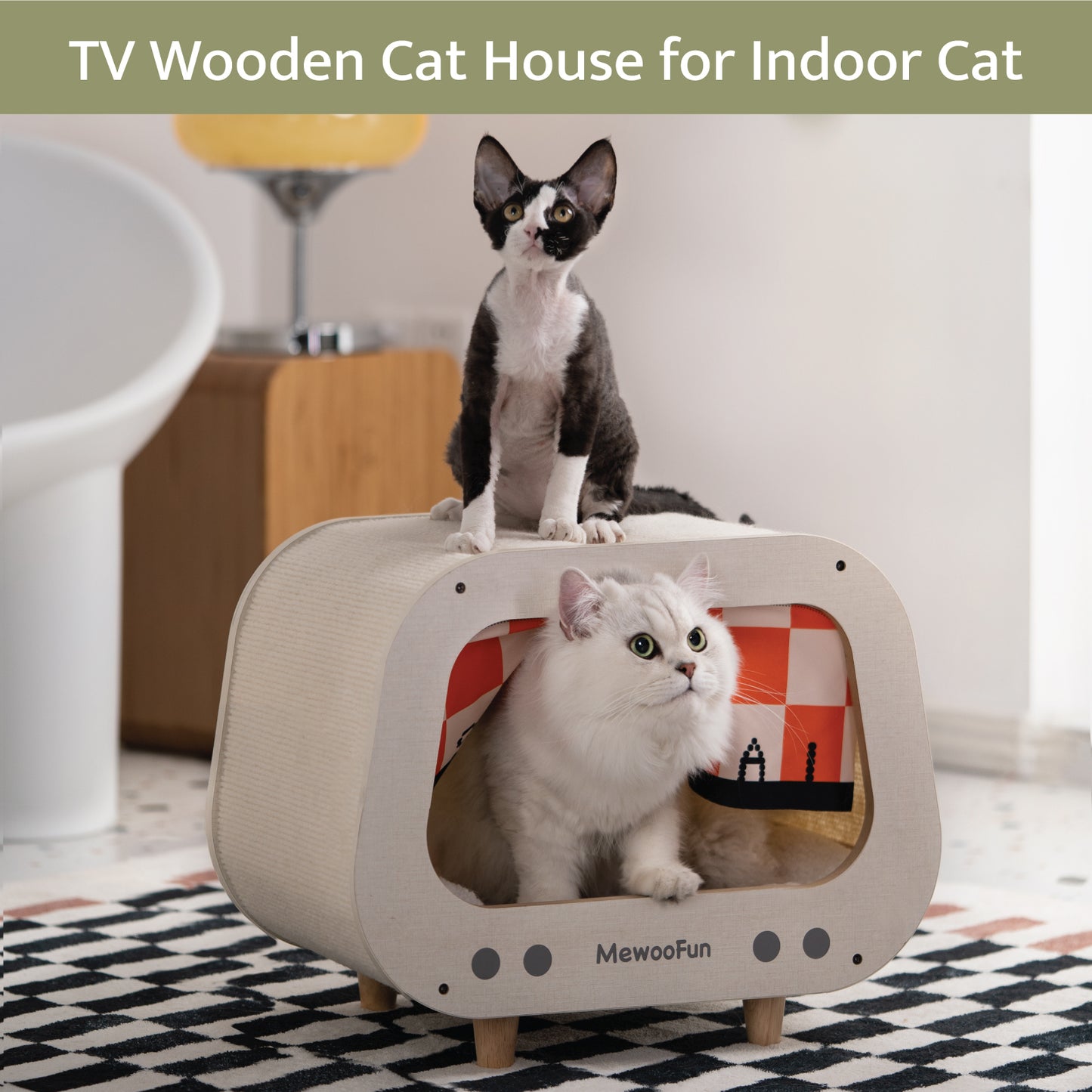 Classic Wooden TV-Shaped Cat Bed with Cushion, White - Cozy Cat House for Rest and Play