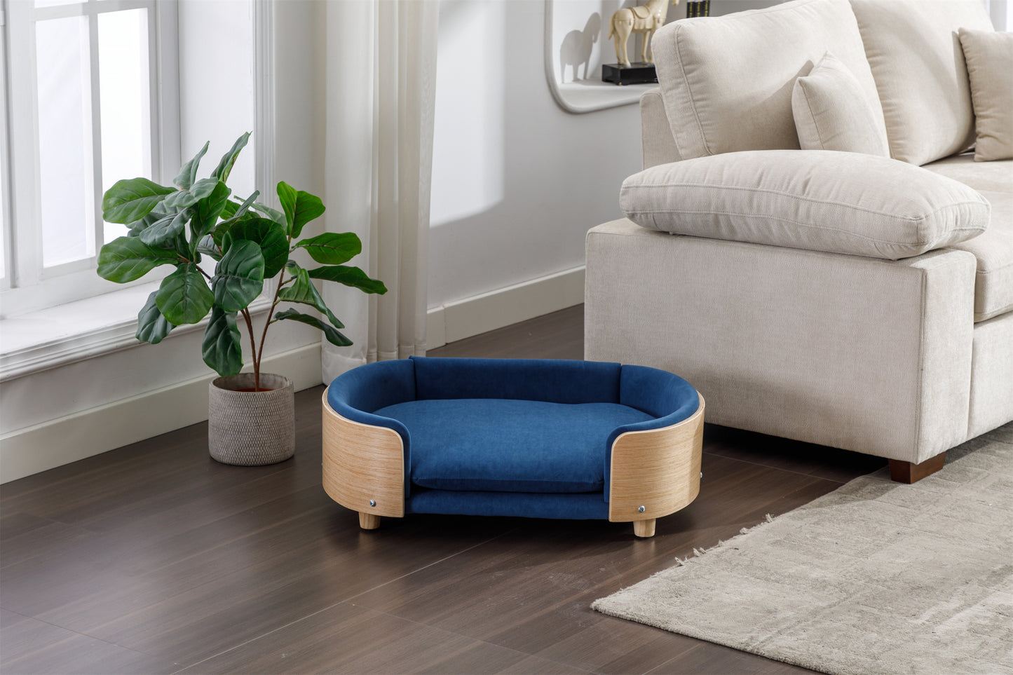 Scandinavian Style Elevated Dog Bed Pet Sofa with Solid Wood Legs, Bent Wood Back, and Velvet Cushion - Mid Size, Dark Blue