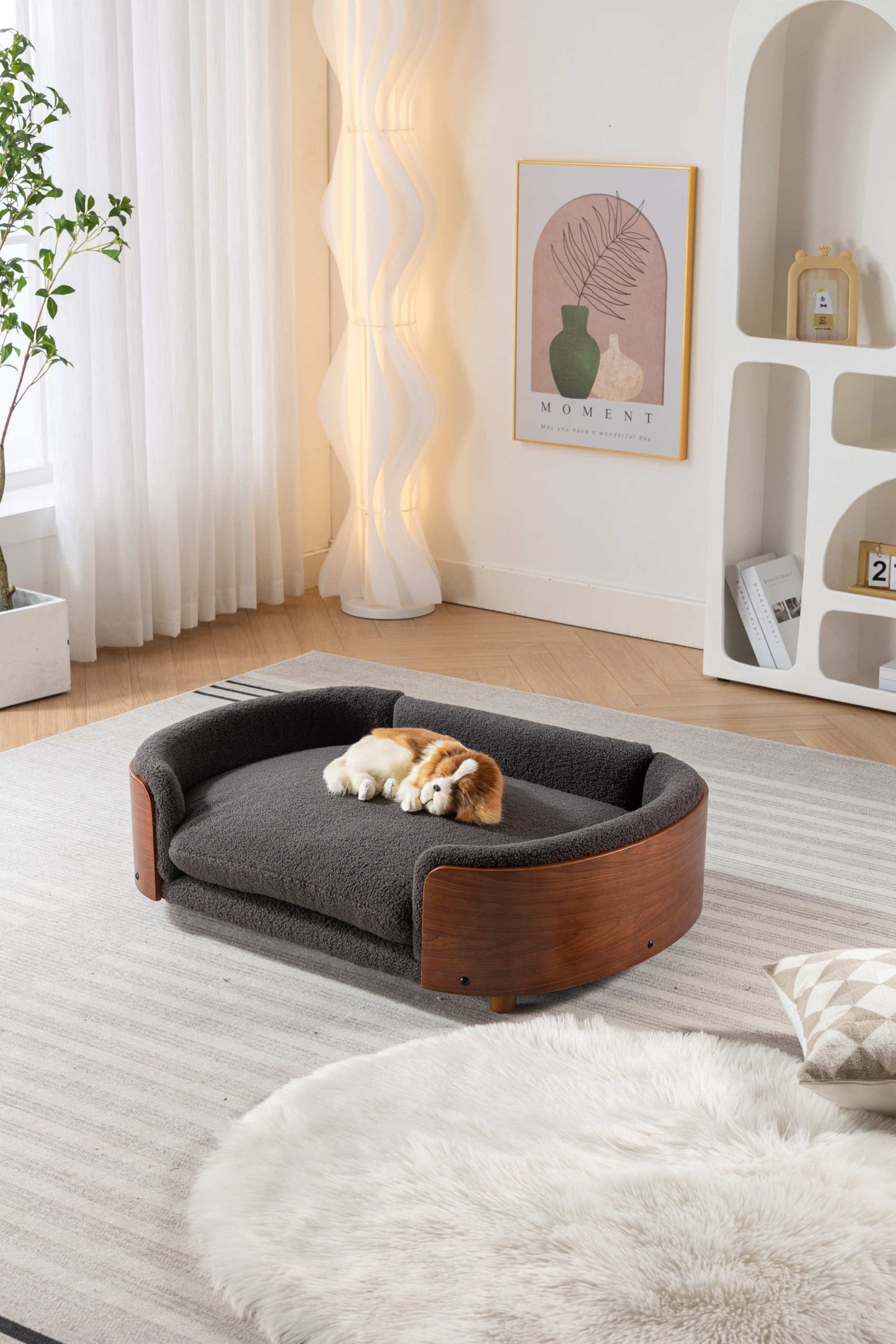 Scandinavian Style Elevated Dog Bed with Solid Wood Legs, Walnut Bent Wood Back, Cashmere Cushion - Large Size