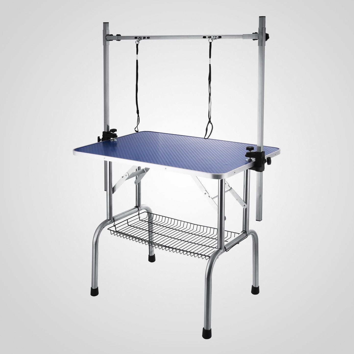 High-Quality Folding Pet Grooming Table with Stainless Legs and Arms, Blue Rubber Top & Storage Basket