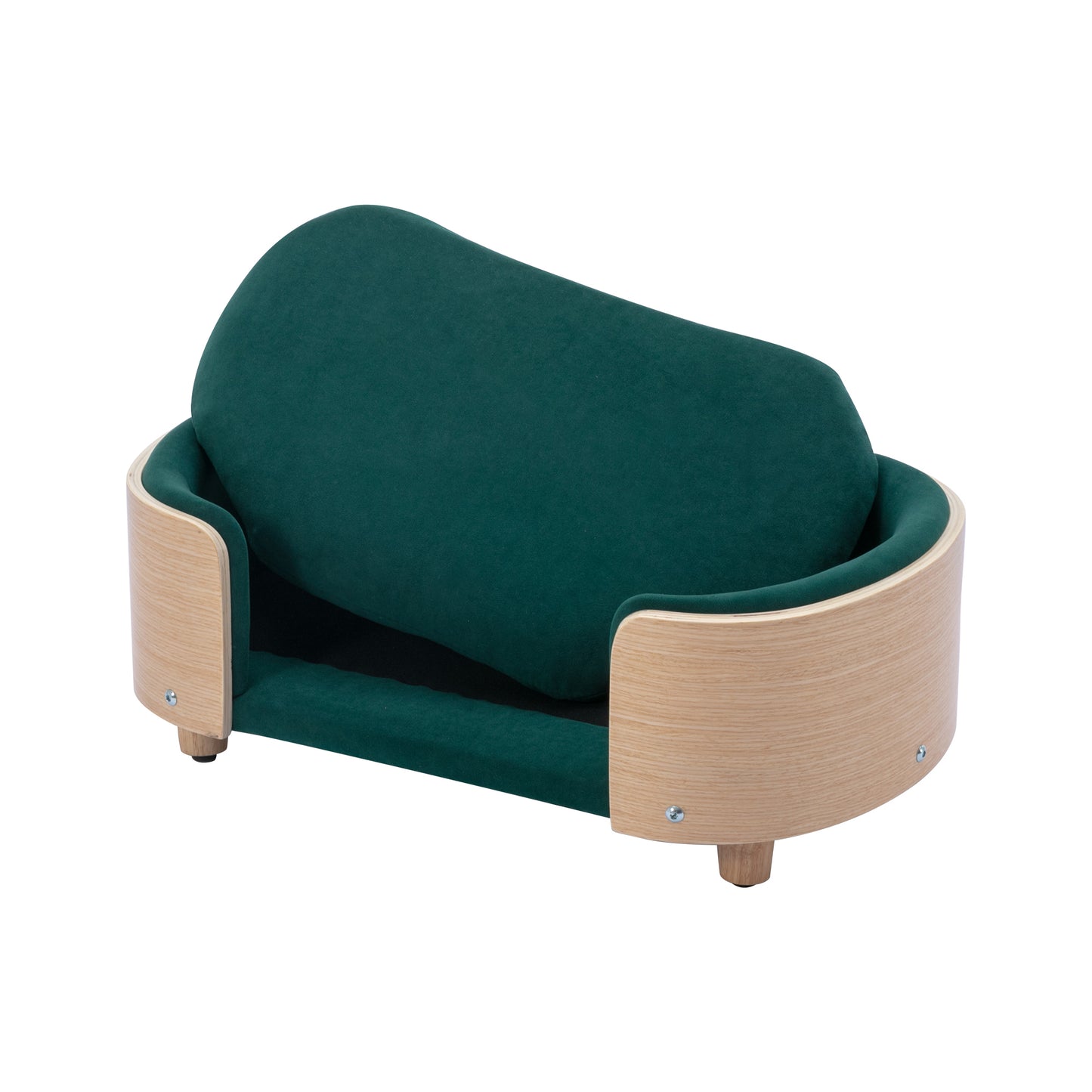 Scandinavian Style Elevated Dog Bed: Solid Wood Legs, Bent Wood Back, Natural Oak, Velvet Cushion, Small Size