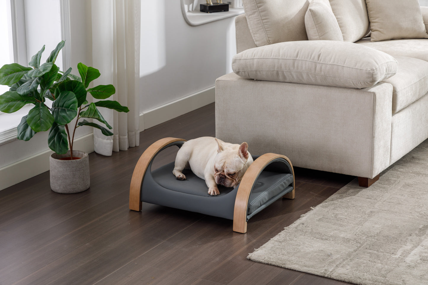 Lily Cat Bed Dog Bed Pet Sofa | Solid Wood Frame, Scratch-Resistant PU Cushion | Mid Size | Dark Grey