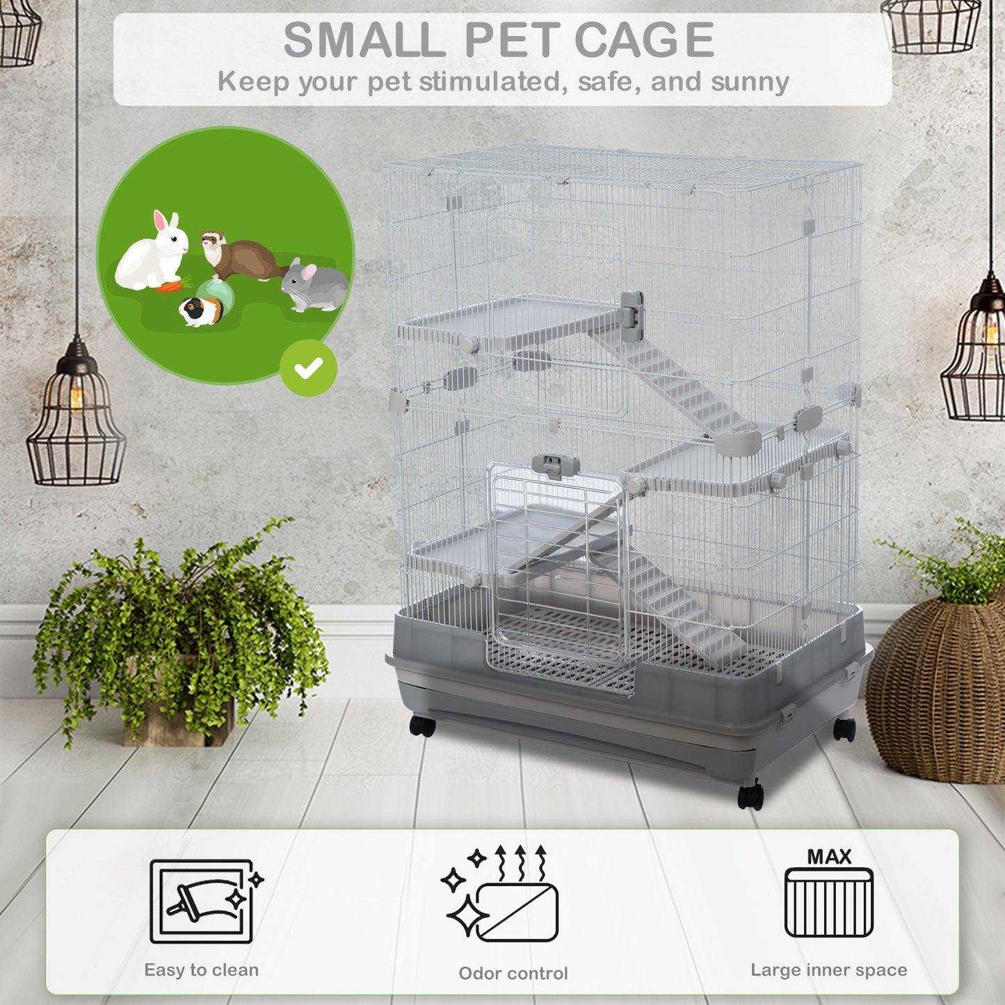 4-Tier 32" Small Animal Metal Cage | Height Adjustable, Lockable Top-Openings | Removable for Rabbit Chinchilla Ferret Bunny Guinea Pig | Suitable for Hamsters | Grey