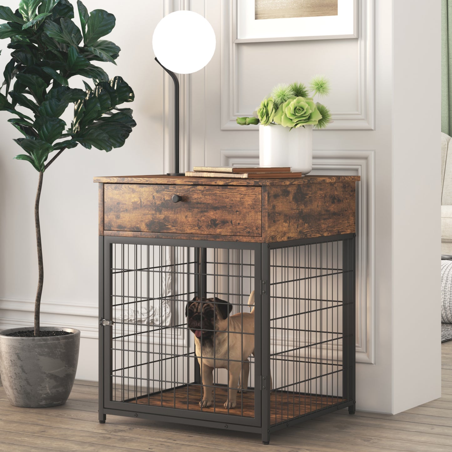 Furniture Style Wood Dog Crate End Table with Storage Console - Rustic Brown, 19.69'' W x 22.83'' D x 26.97'' H: Stylish and Functional Dog Crate End Table with Storage Console in Rustic Brown - Ideal for Your Canine Companion