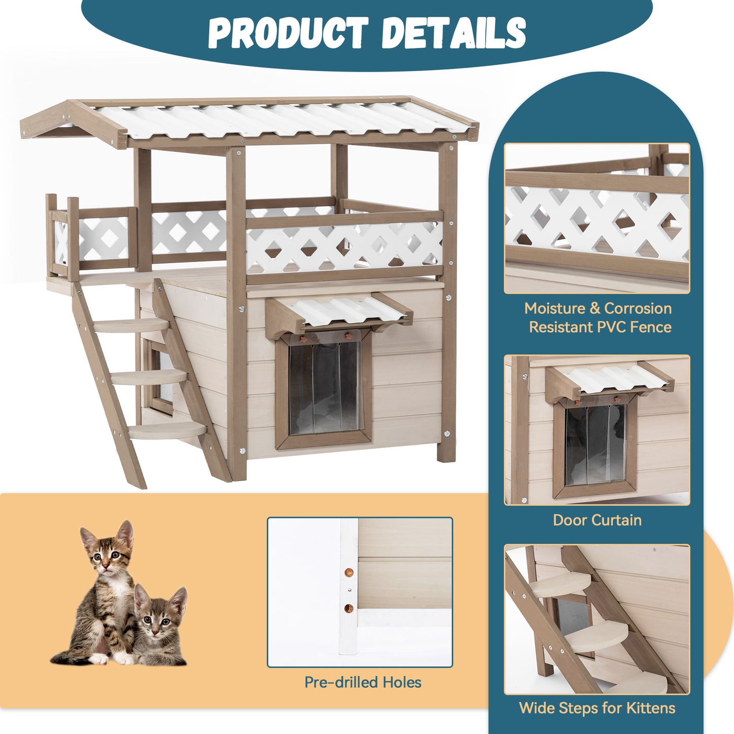 Feral Cat House: Outdoor & Indoor Kitty Houses with Durable PVC Roof, Escape Door, Curtain, and Stair. 2-Story Design for Multi Cats. Perfect for Sheltering Cats of All Sizes.