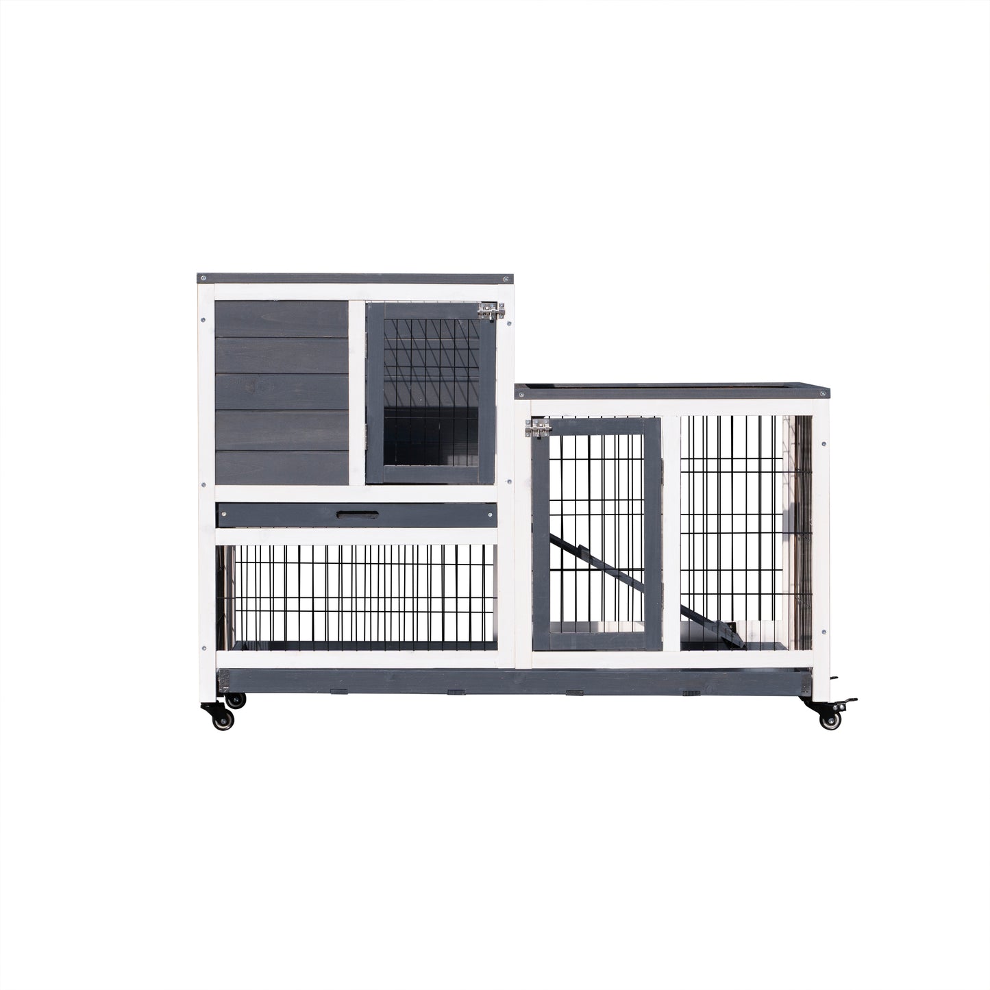 Removable Tray Ramp Wooden Outdoor Rabbit Hutch with Enclosed Run - Ideal for Small Animals - Coop with Running Cage, Wheels, and Ramp (Size and Color Options)