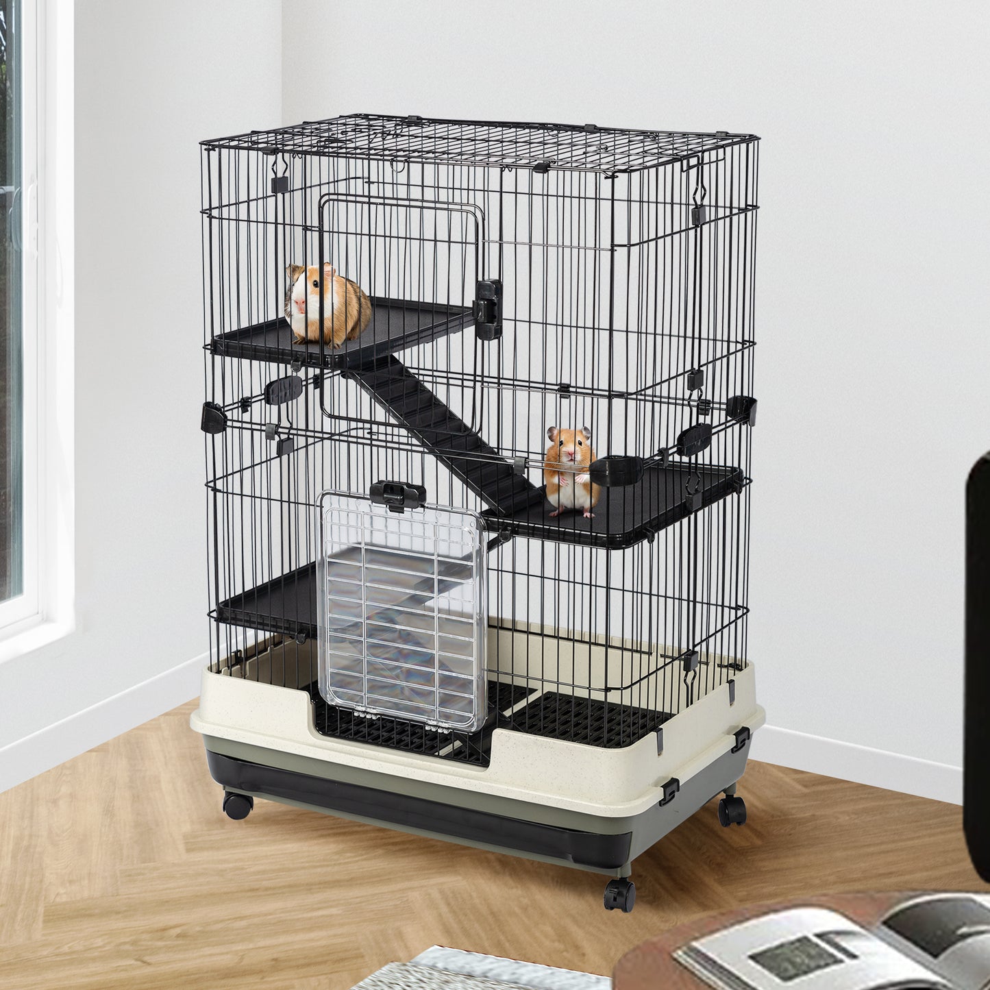 4-Tier 32" Small Animal Cage, Height Adjustable with Lockable Casters, Grilles & Pull-out Tray for Rabbit, Chinchilla, Ferret, Bunny, Guinea Pig, Squirrel, Hedgehog - Black