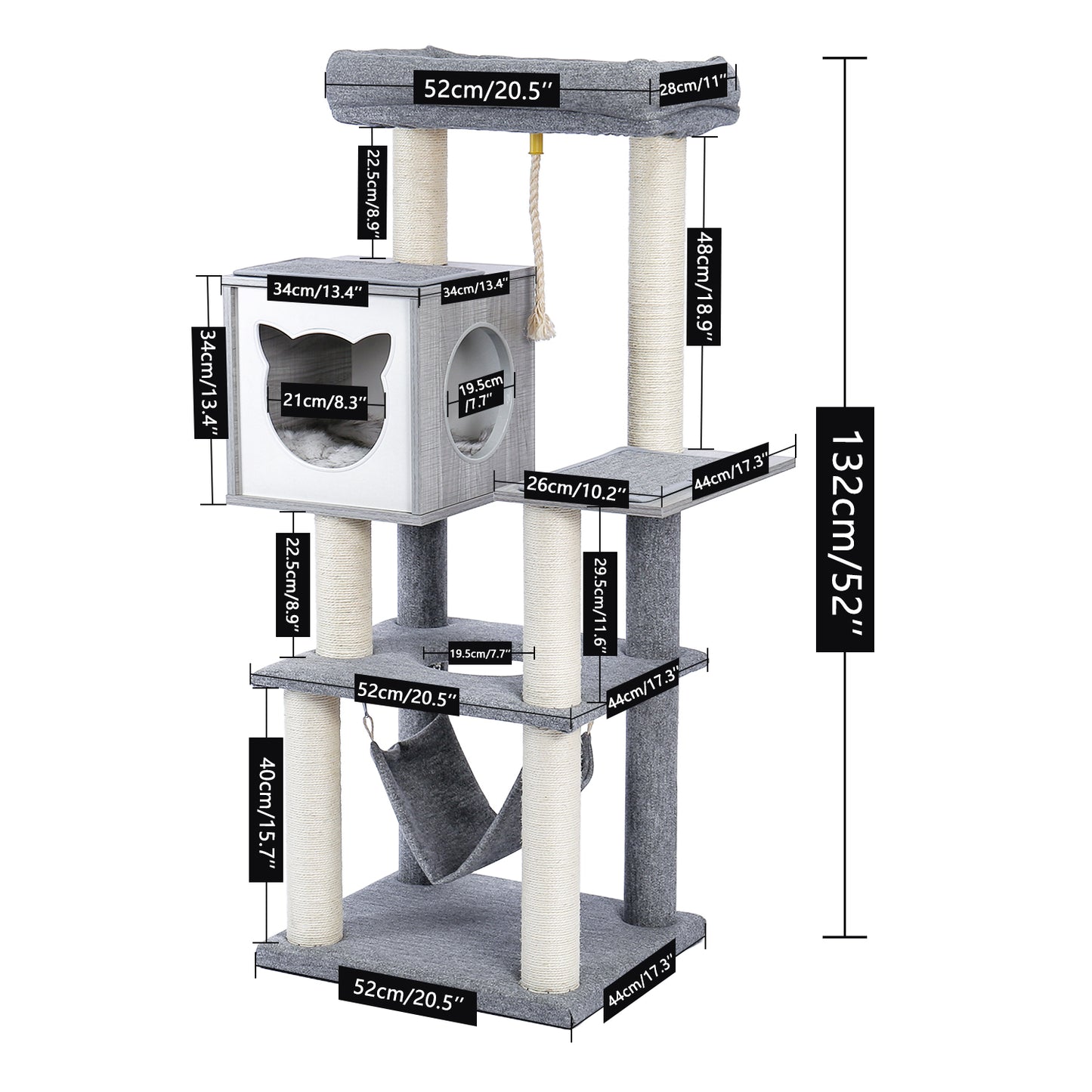 52-Inch Multi-Level Modern Wooden Cat Tower with Hammock, Scratching Posts, and Condo for Adult Cats - Gray Color