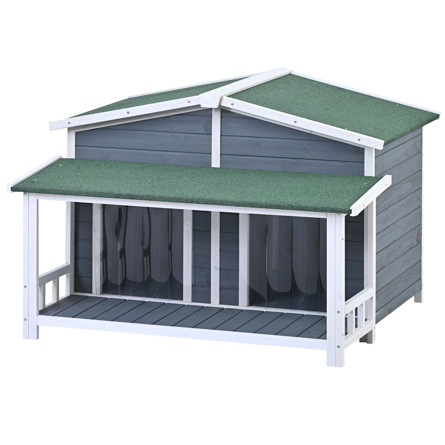 47.2" Large Wooden Dog House Outdoor, Cabin Style with Porch, 2 Doors, Gray and Green - Outdoor & Indoor Dog Crate