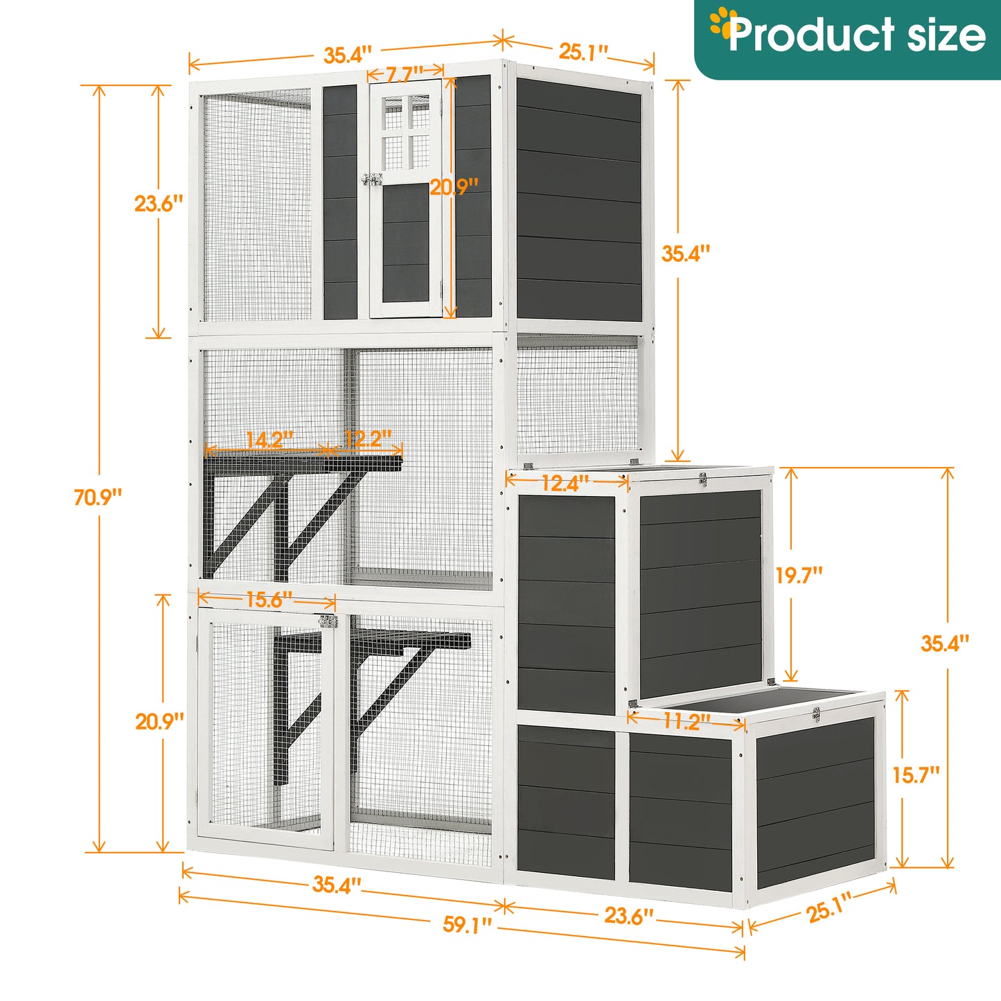 3-Tier Wooden Outdoor & Indoor Cat House | Suitable for 1-3 Cats | Cat Enclosure Resting Box with 4 Platforms and 2 Doors | Cat Shelter Kitty House with Jump Box | Hiding, Resting, and Playing | Cat Cage 71"H - Gray