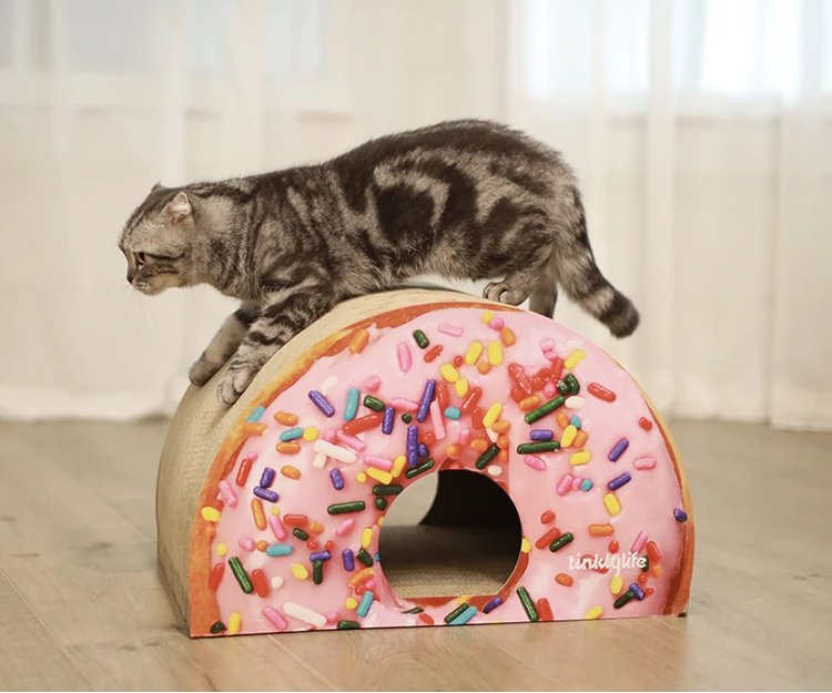 Tinklylife Cat Condo Scratcher Post Cardboard - Doughnut Shape Cat Scratching House Bed Furniture Protector, Pink Color