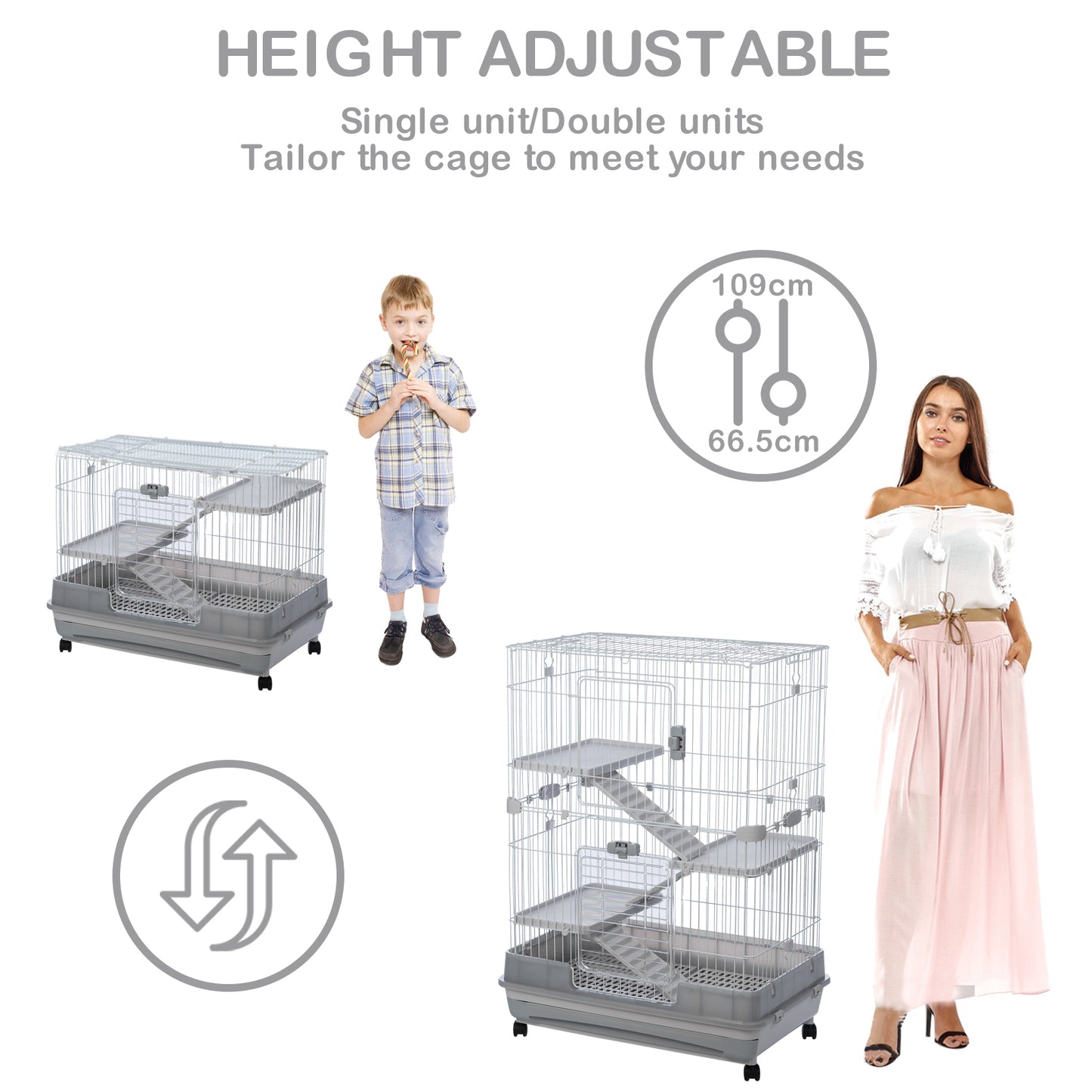 4-Tier 32" Small Animal Metal Cage, Height Adjustable with Lockable Casters, Grilles, Pull-out Tray for Rabbit, Chinchilla, Ferret, Bunny, Guinea Pig, Squirrel, Hedgehog (Grey)