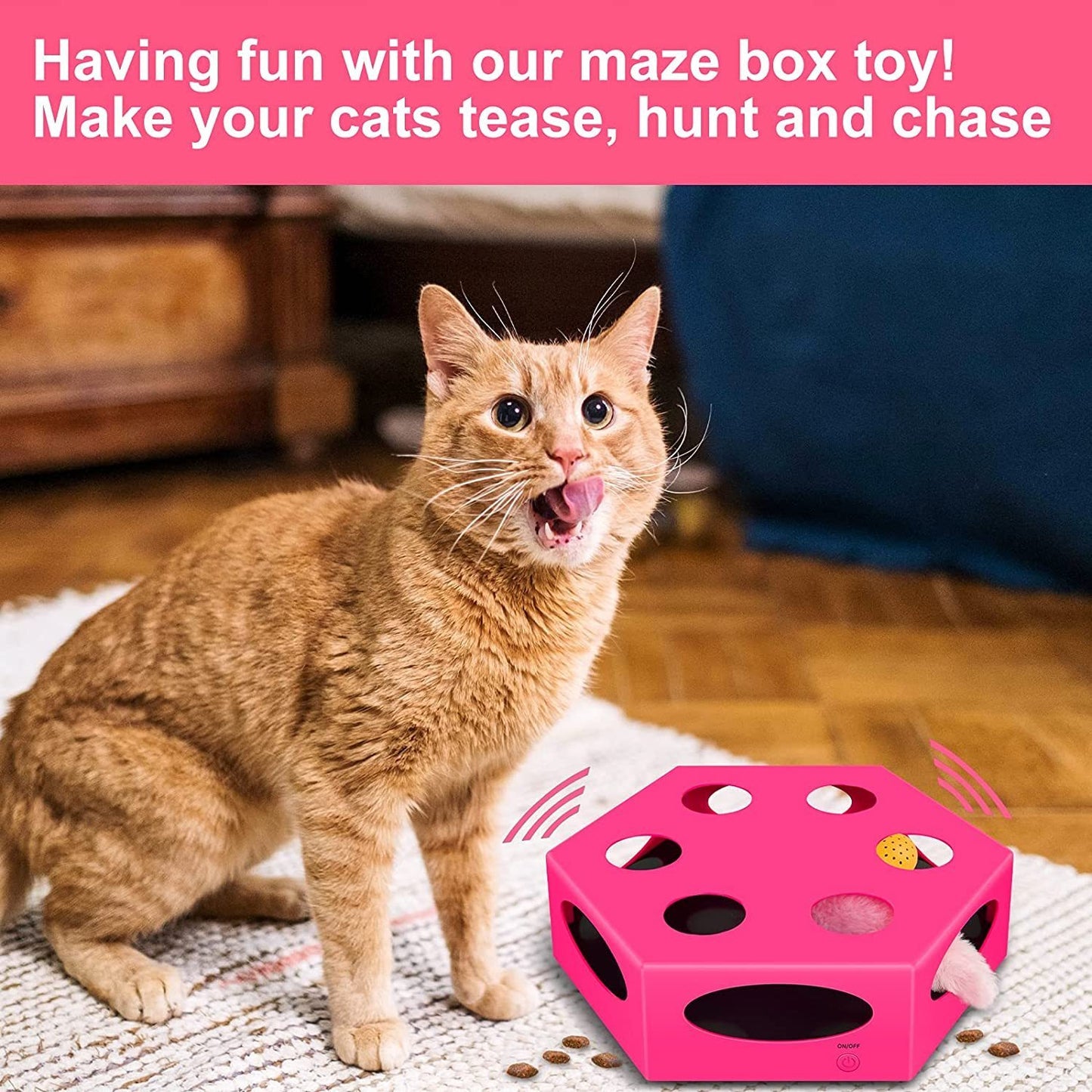 FluffyDream Interactive Cat Maze Box Toy: Electrical Exercise Teaser with Plush Tail & Ball, Bells, Fluffy Toys - Indoor Cats, Pets, Kitten, Kitty - Pink