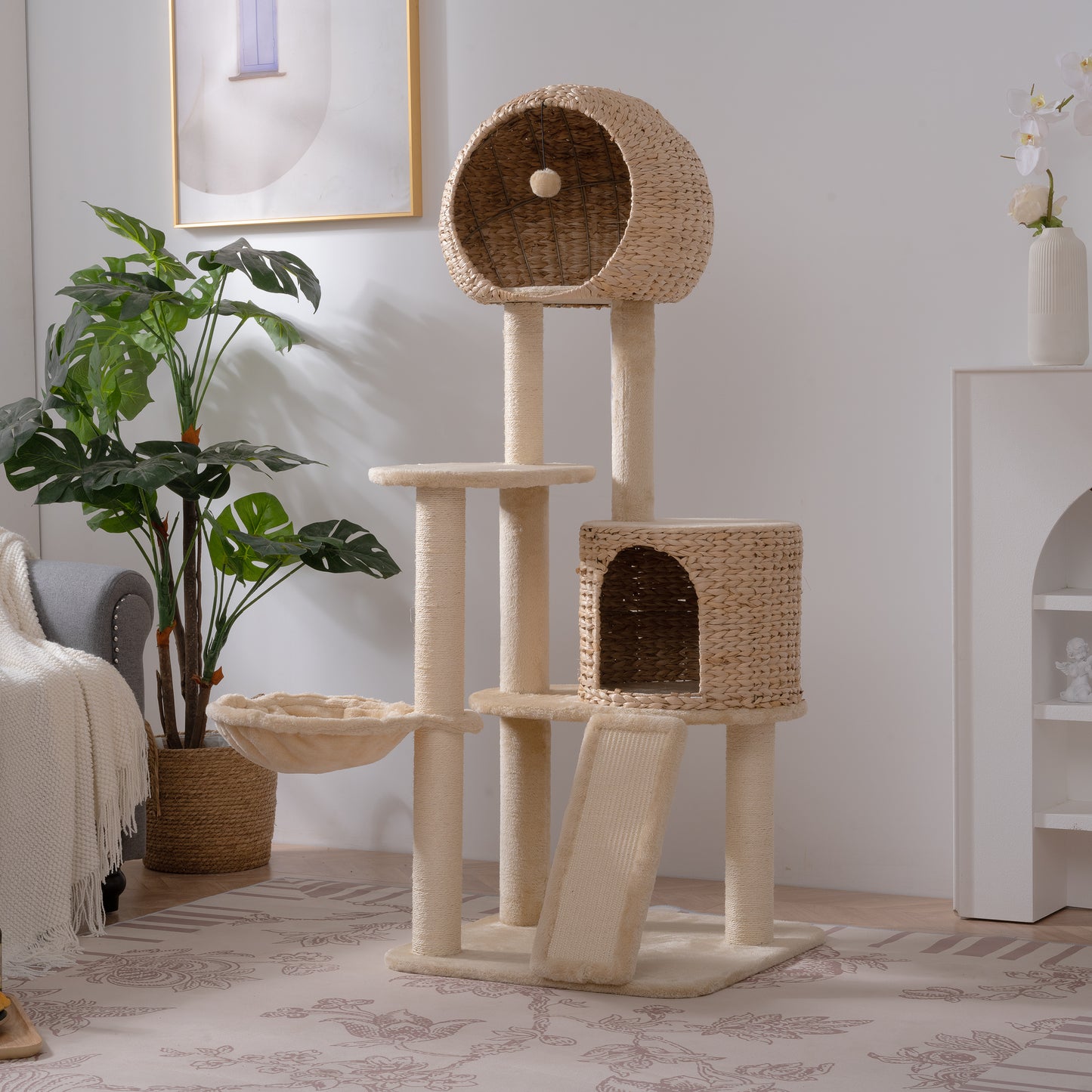 59-Inch Cat Tower for Indoor Cats, Plush Multi-Level Cat Condo with 2 Perches, 2 Caves, Cozy Basket and Scratching Board, Beige