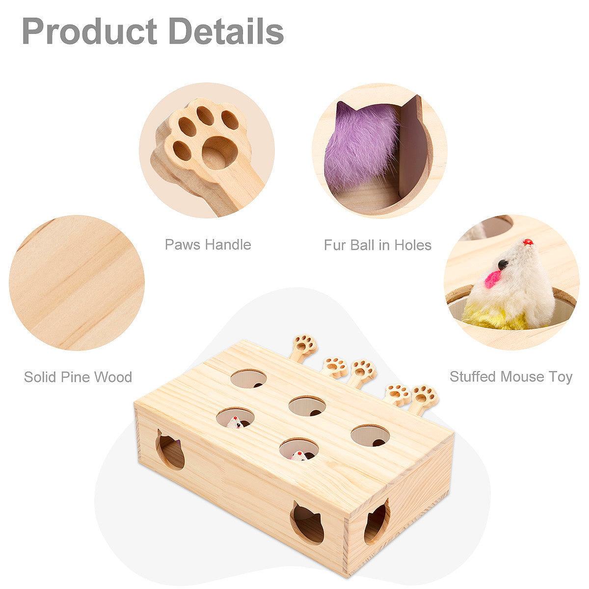 Interactive Solid Wood Cat Toys: Whack-a-mole Game for Indoor Cats & Kittens - Catch Mice, Enhance Playtime, Promote Exercise - Various Sizes & Colors Available