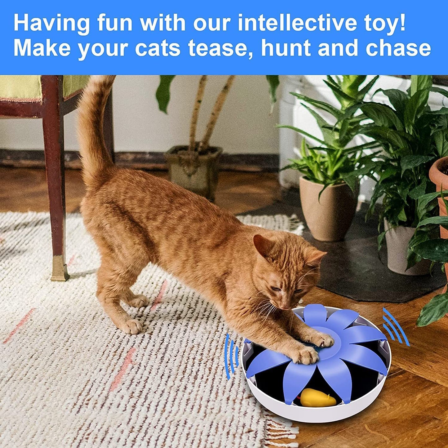 FluffyDream Electric Magnetic Spinning Cat Toy, Interactive Exercise Teaser with Emulational Mouse, Fluffy Tails, for Indoor Cats, Pets - 9.65” x 9.65” x 2.36”