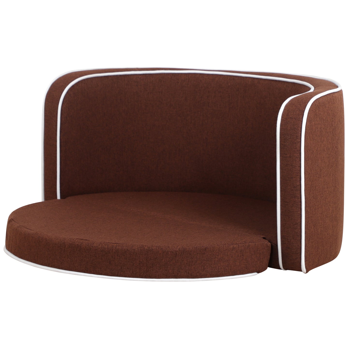 35" Brown Pet Sofa with Wooden Structure, Linen Goods, White Roller Lines, Curved Appearance & Cushion