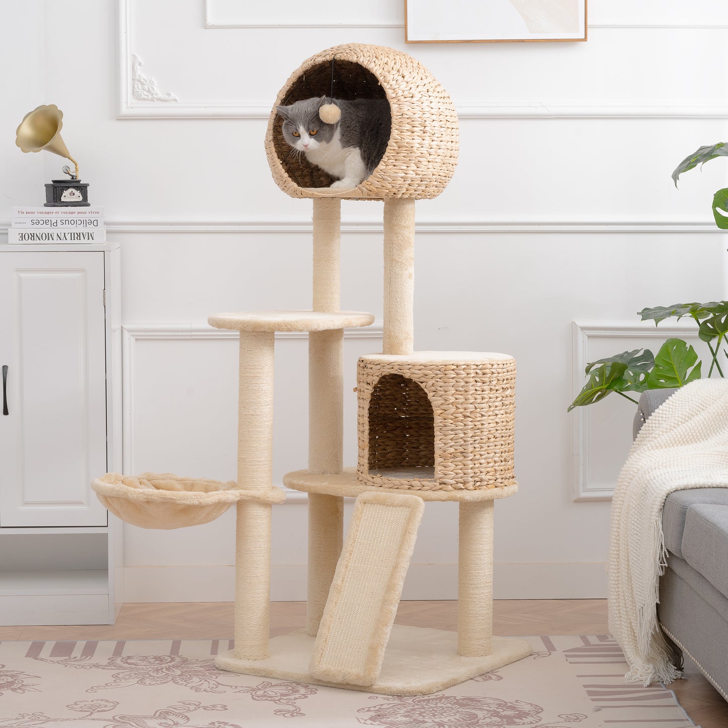 59-Inch Cat Tower for Indoor Cats, Plush Multi-Level Cat Condo with 2 Perches, 2 Caves, Cozy Basket and Scratching Board, Beige