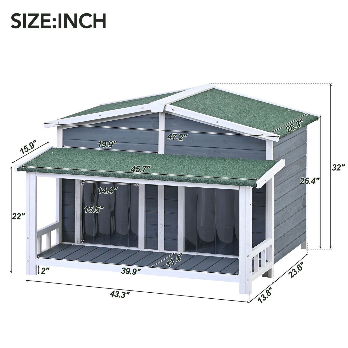 47.2" Large Wooden Dog House Outdoor, Cabin Style with Porch, 2 Doors, Gray and Green - Outdoor & Indoor Dog Crate