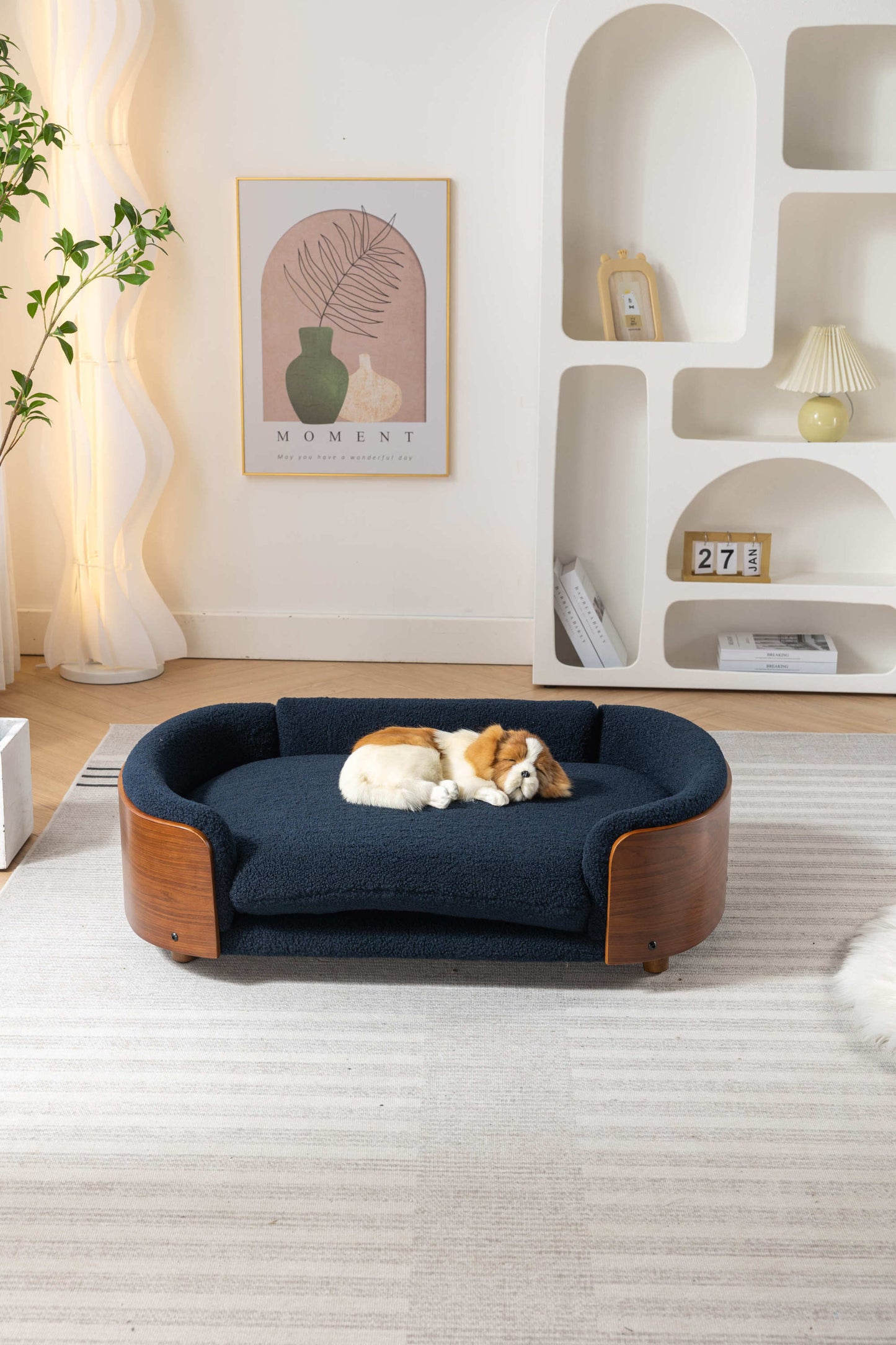 Scandinavian Style Elevated Dog Bed Pet Sofa with Solid Wood Legs, Walnut Bent Wood Back, Cashmere Cushion - Large Size