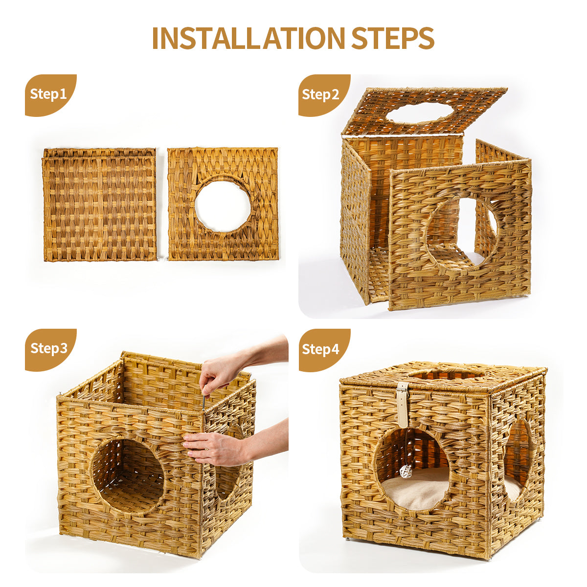 Rattan Cat Litter, Cat Bed with Rattan Ball & Cushion - Yellowish Brown, Cozy & Stylish Sleeping Space for Cats