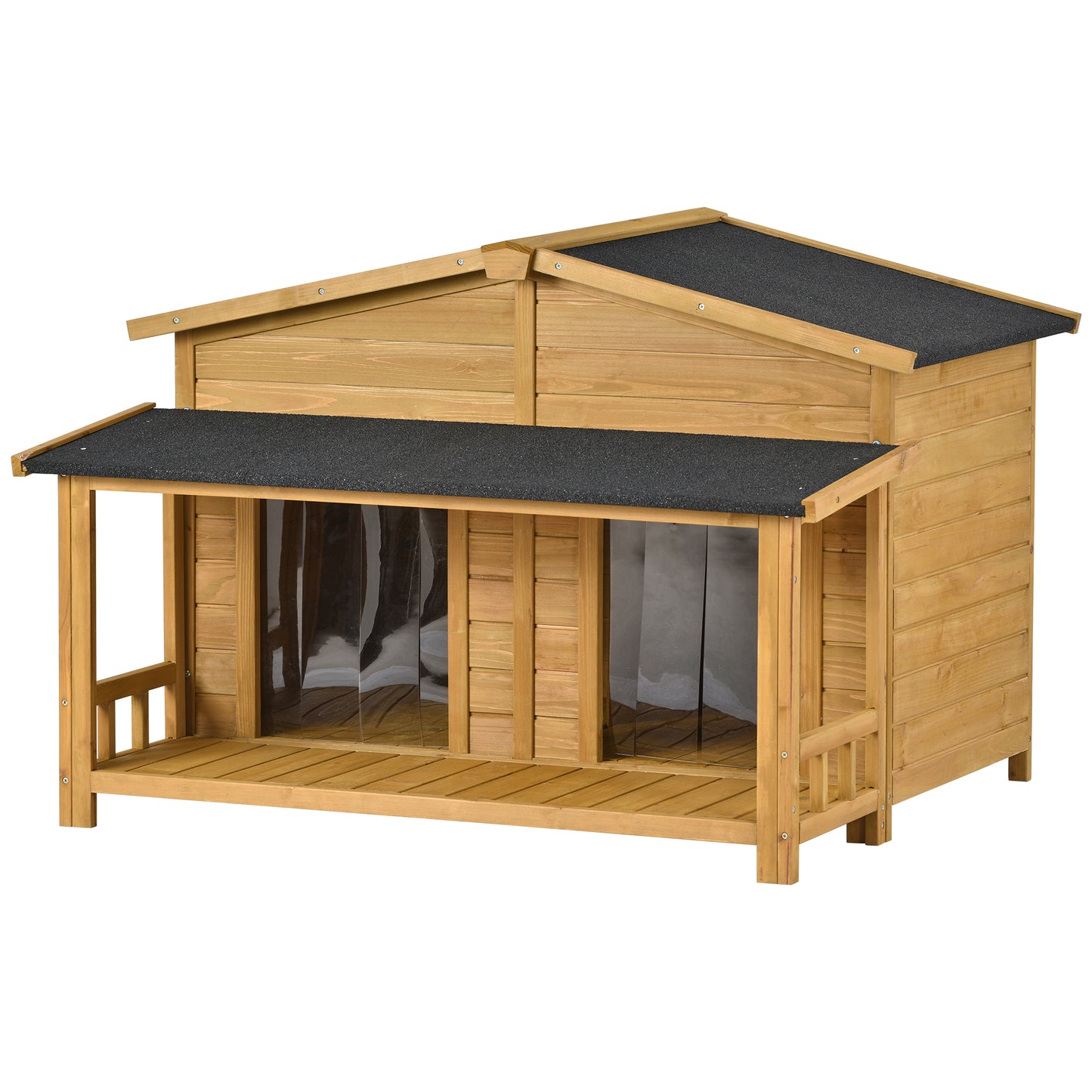 Large Wooden Dog House Outdoor, Indoor Dog Crate - Cabin Style, 2 Doors, Porch - 47.2" Size