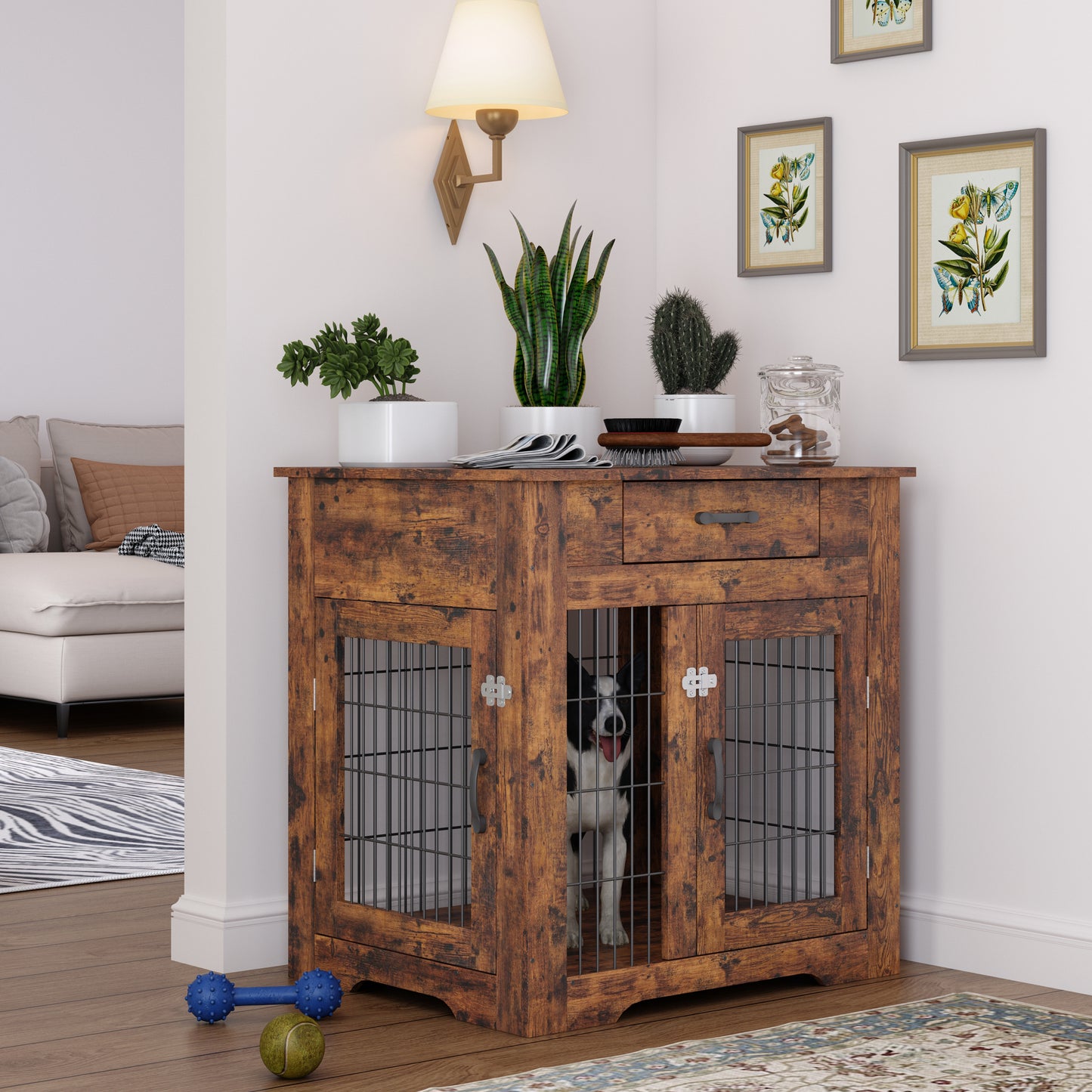 Furniture Style Dog Crate End Table with Drawer, Double Door Pet Kennels for Indoor Use - Rustic Brown, 29.92'' W x 24.8'' D x 30.71'' H