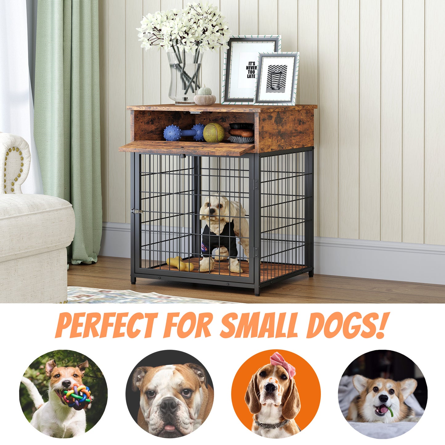 Furniture Style Wood Dog Crate End Table with Storage Console - Rustic Brown, 19.69'' W x 22.83'' D x 26.97'' H: Stylish and Functional Dog Crate End Table with Storage Console in Rustic Brown - Ideal for Your Canine Companion