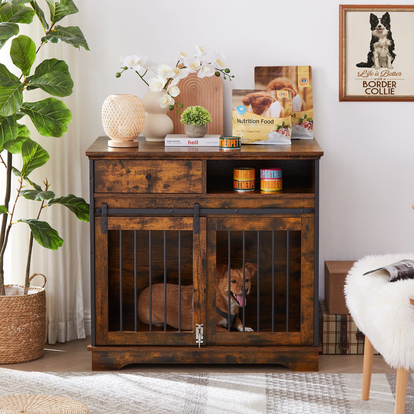 Sliding Door Dog Crate with Drawers - Rustic Brown, 35.43'' W x 23.62'' D x 33.46'' H: Stylish and Functional Pet Enclosure with Convenient Storage Space