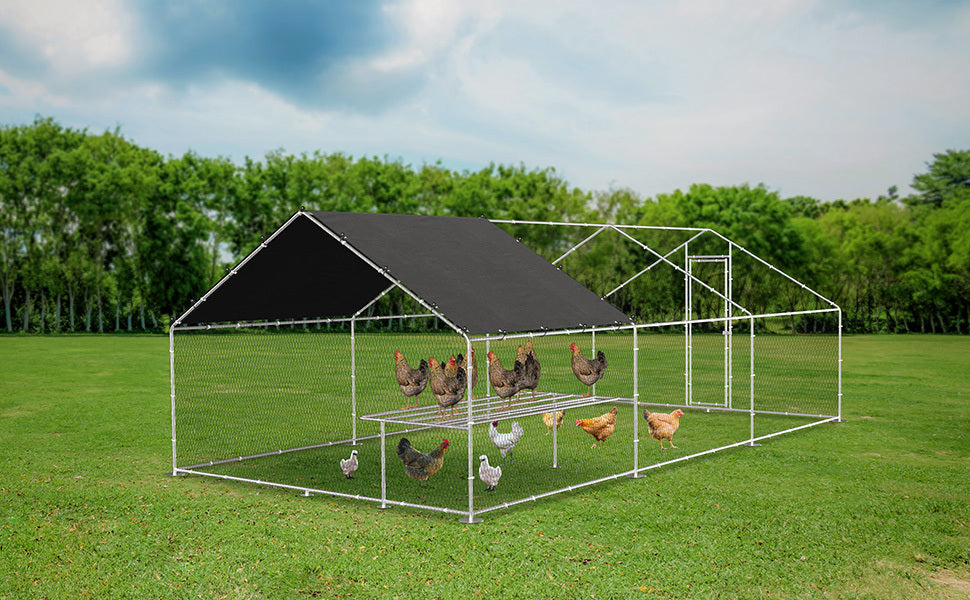 Large Metal Chicken Coop with Walk-In Design, Galvanized Wire, Waterproof Cover - Ideal for Outdoor, Backyard, and Farm Use (9.8' W x 19.7' D x 6.6' H)