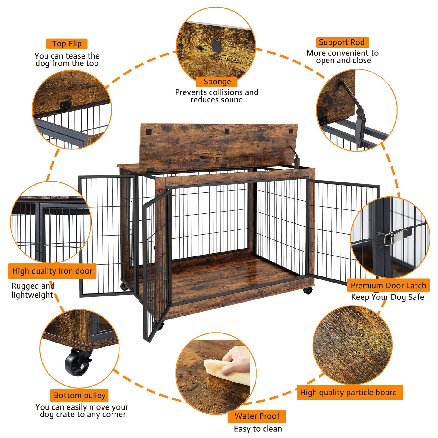 Furniture Style Dog Crate Side Table on Wheels with Double Doors and Lift Top - Rustic Brown, 43.7'' W x 30'' D x 31.1'' H: The Ultimate Combination of Functionality and Style for Your Canine Companion