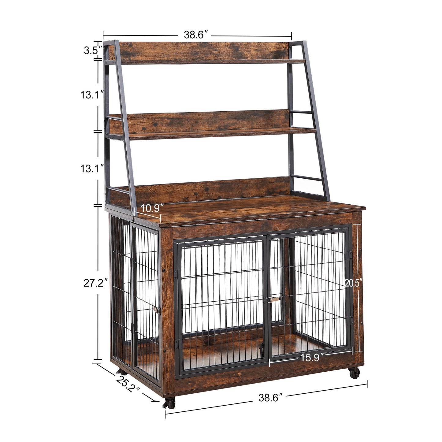 Furniture Style Dog Crate Side Table with Shelves, Double Doors & Raised Roof - Rustic Brown, 38.58''W x 25.5''D x 57''H