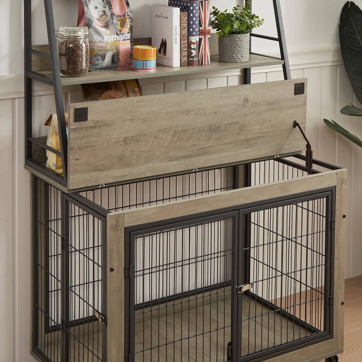 Furniture Style Dog Crate Side Table with Shelves, Double Doors, and Raised Roof - Grey, 38.58''W x 25.5''D x 57''H