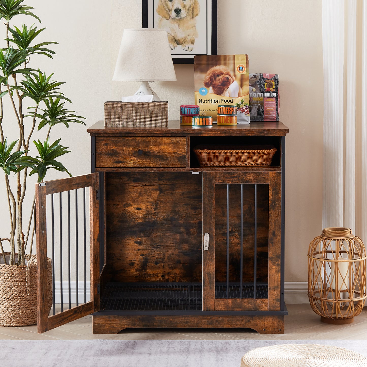 Furniture Dog Crate: Indoor Pet Crate End Tables, Decorative Wooden Kennels with Removable Trays - Rustic Brown, 32.3''W x 22.8''D x 33.5''H