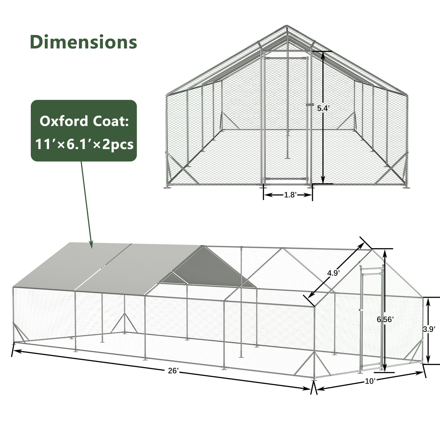 Large Metal Chicken Coop: Walk-in Chicken Run, Galvanized Wire Poultry Hen Pen Cage with Waterproof Cover for Outdoor Use (10' x 26' x 6.56')