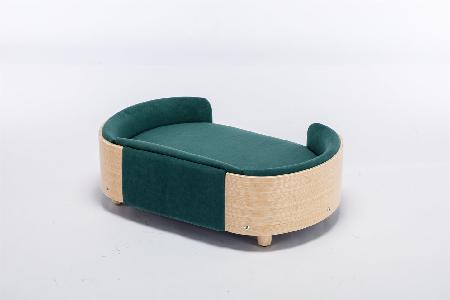 Scandinavian Style Elevated Dog Bed Pet Sofa: Solid Wood Legs, Bent Wood Back, Velvet Cushion - Mid Size, Dark Green