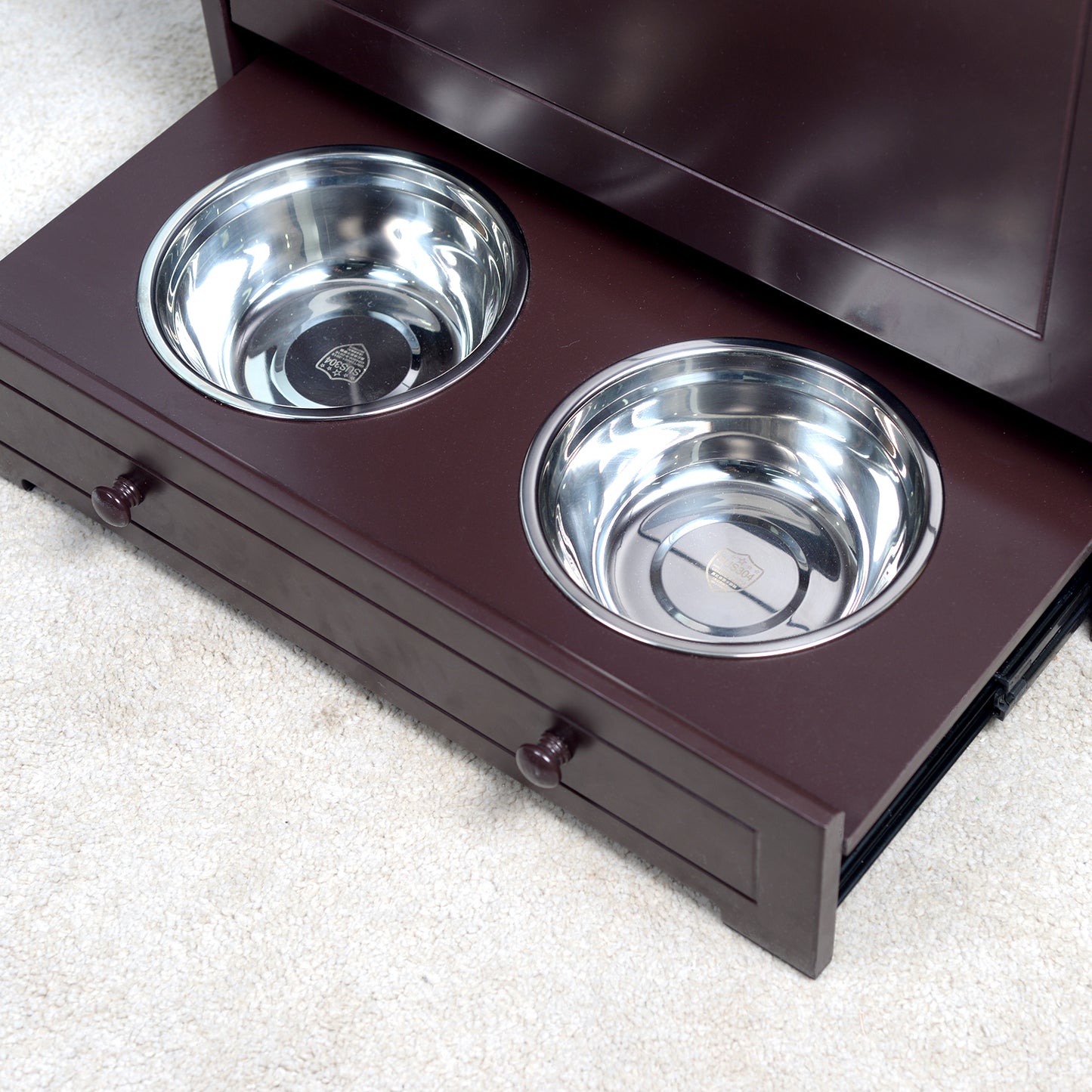 Pet Feeder Station with Storage, MDF & Waterproof Painted, Dog & Cat Feeder Cabinet, Stainless Bowl