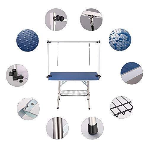 High-Quality Folding Pet Grooming Table with Stainless Legs and Arms, Blue Rubber Top & Storage Basket