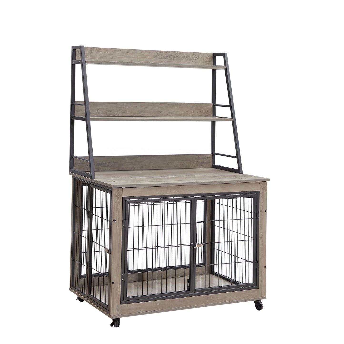 Furniture Style Dog Crate Side Table with Shelves, Double Doors, and Raised Roof - Grey, 38.58''W x 25.5''D x 57''H