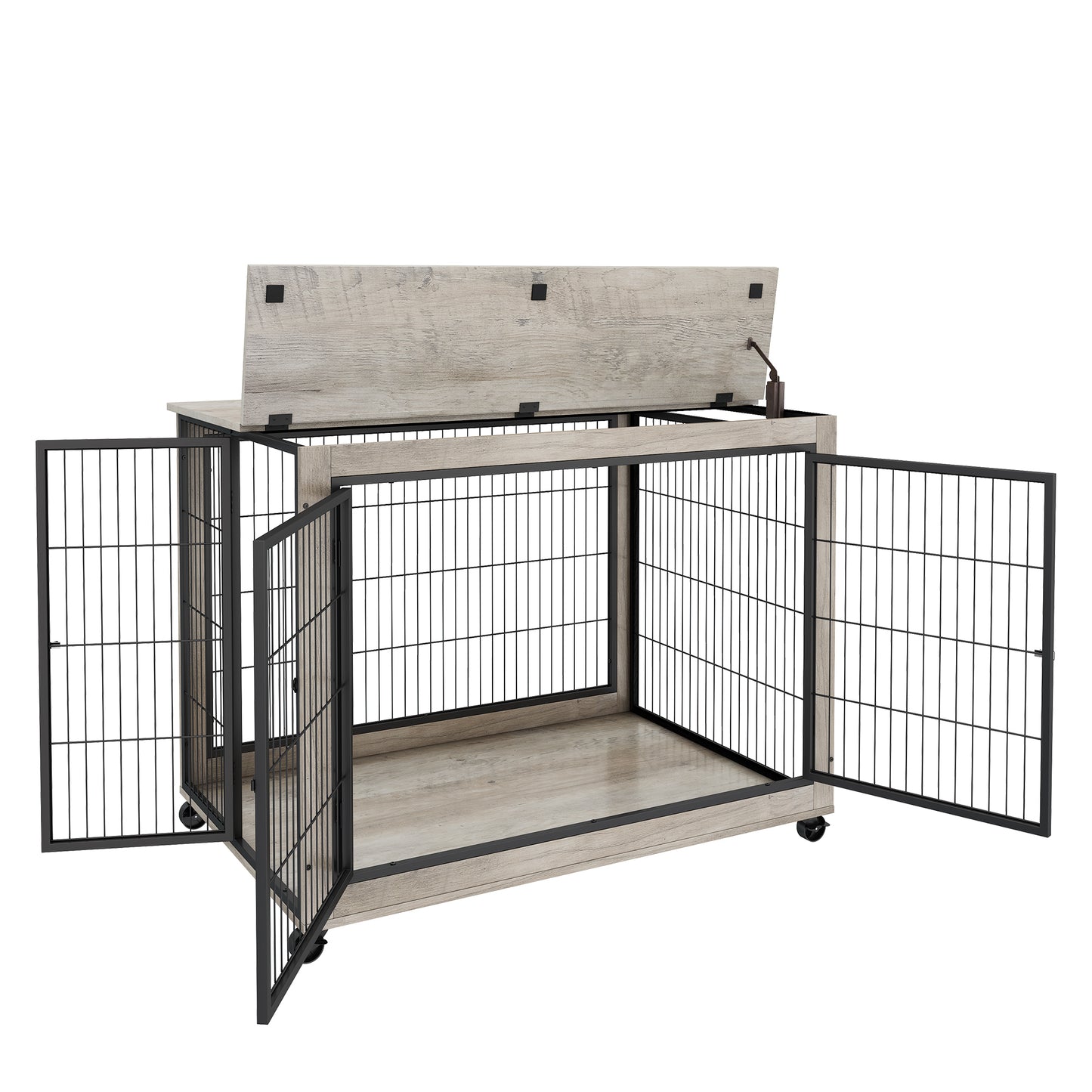 Furniture Style Dog Crate Side Table on Wheels: Double Doors, Lift Top | Grey, 43.7" W x 30" D x 31.1" H