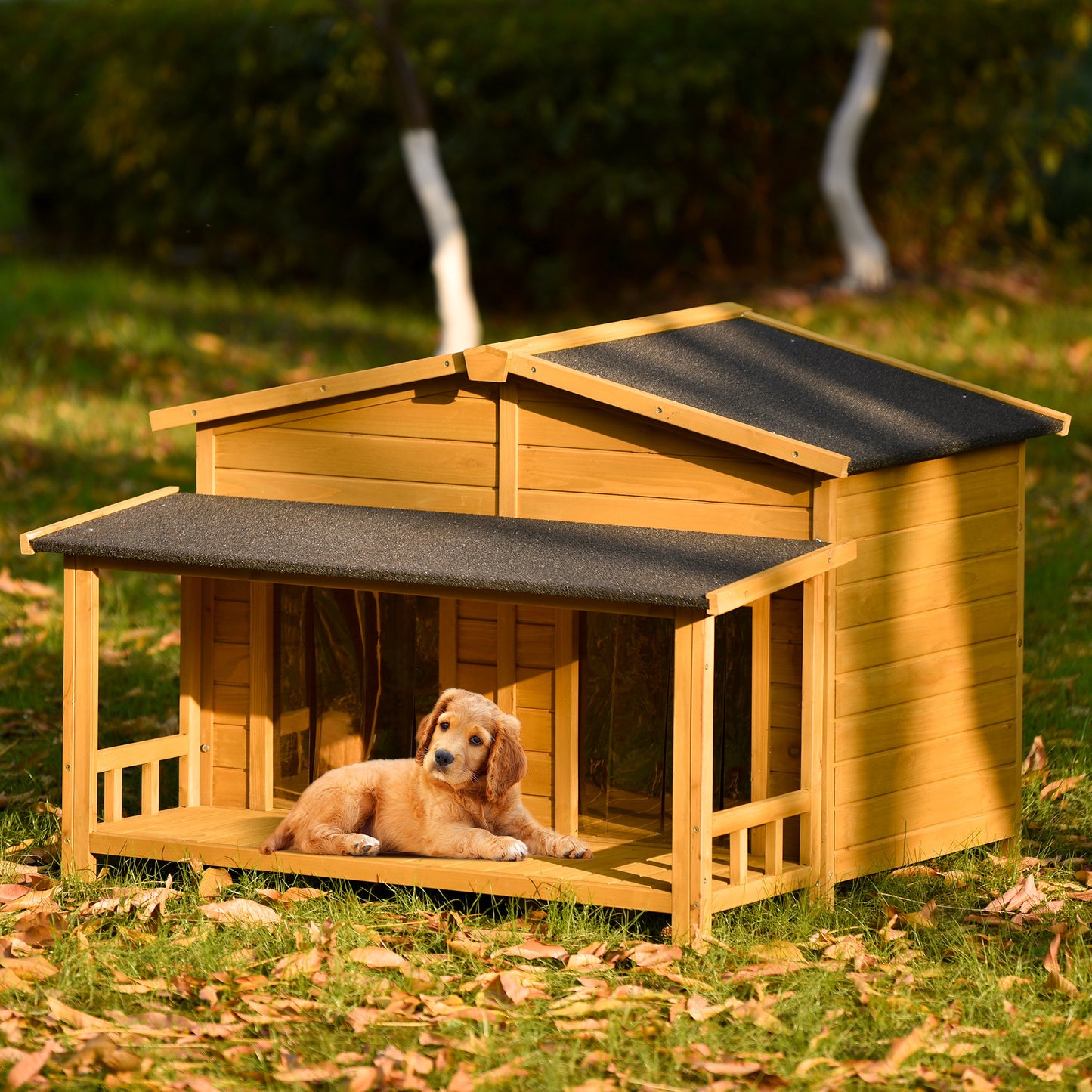 Large Wooden Dog House Outdoor, Indoor Dog Crate - Cabin Style, 2 Doors, Porch - 47.2" Size