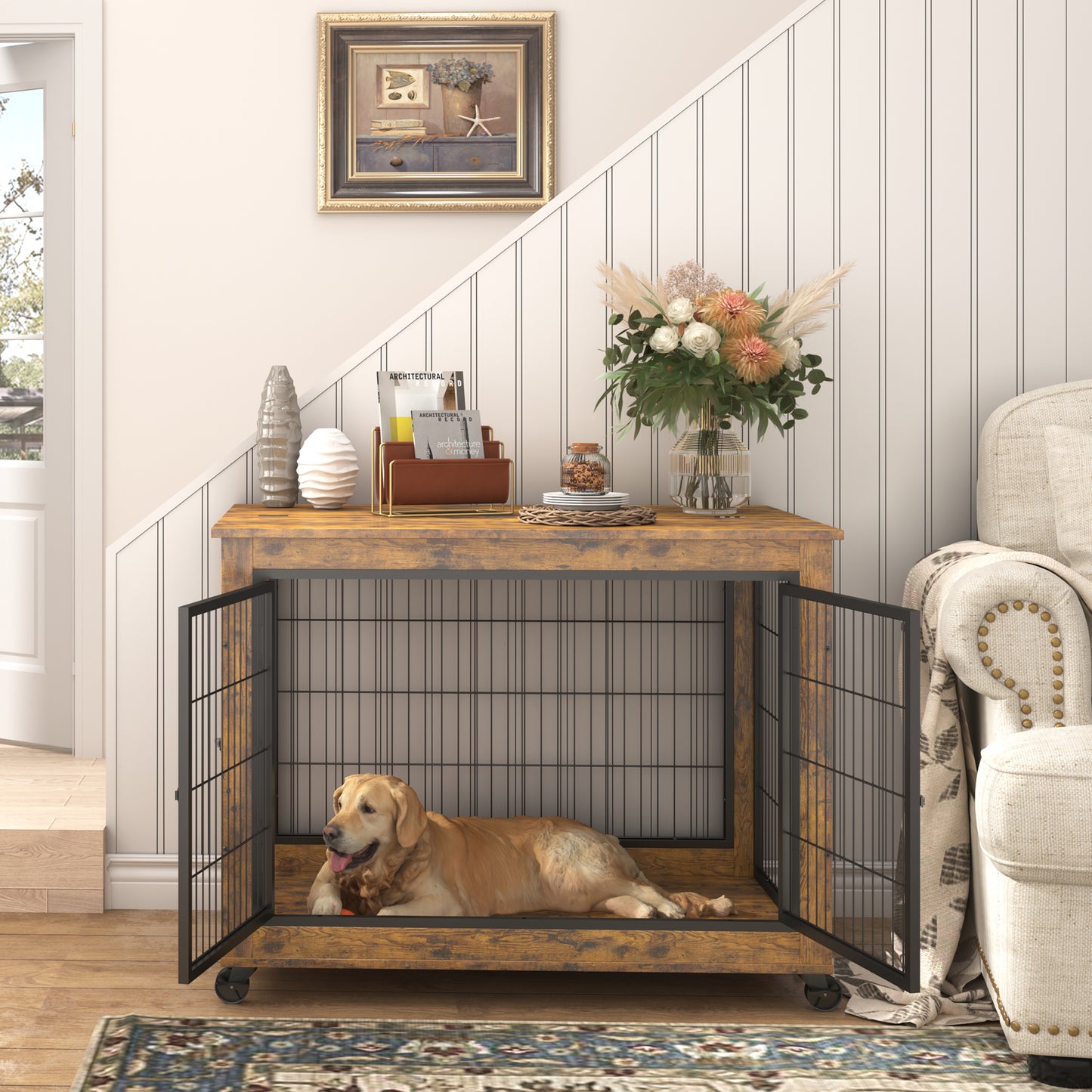 Furniture Dog Cage Crate with Double Doors, Rustic Brown, 38.58'' W x 25.2'' D x 27.17'' H - Spacious and Sturdy Dog Crate for Comfortable Confinement