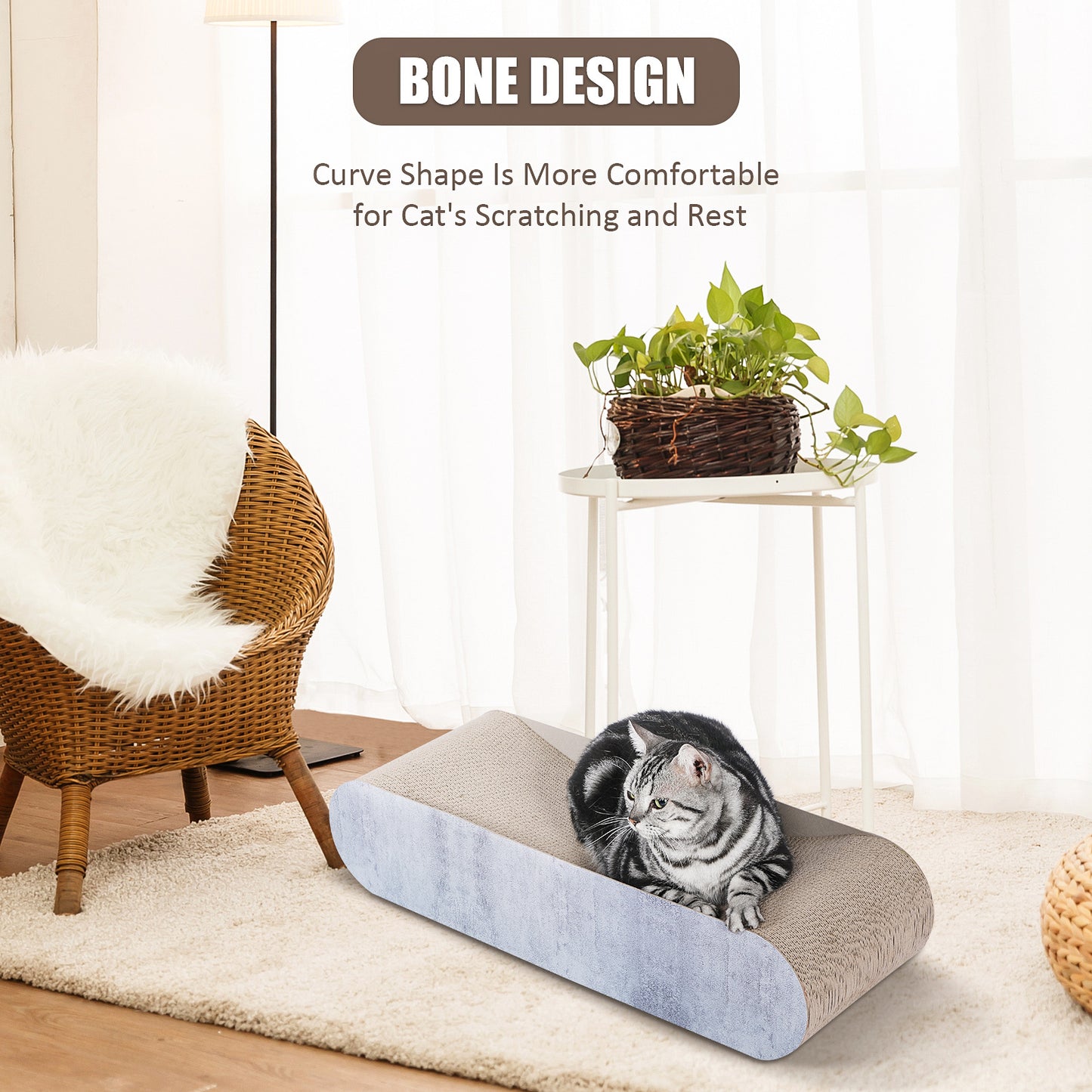 Fluffydream Cat Scratcher: Cardboard Lounge Bed, Bone Shape Design, Recyclable Corrugated Scratching Pad, Reversible, Grey