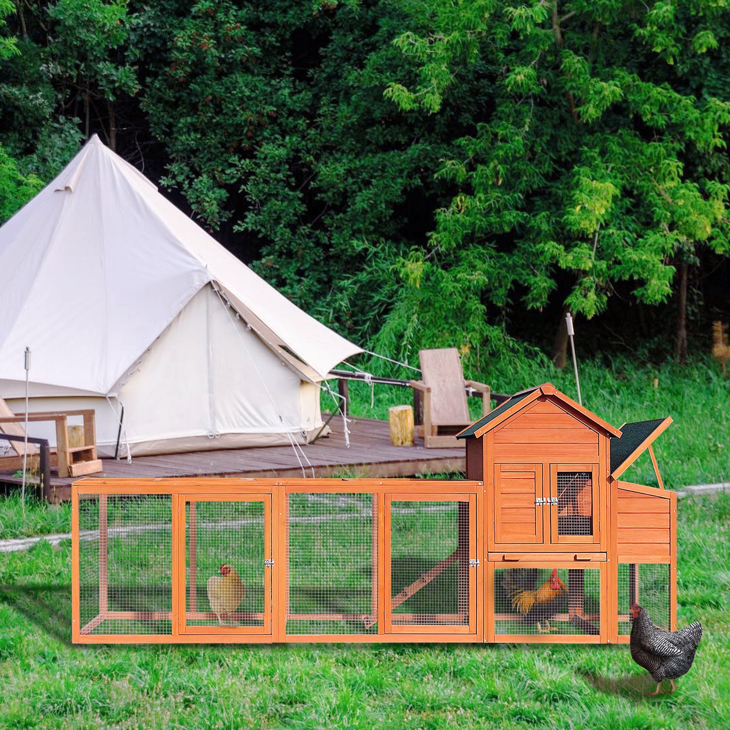 122" Large Wooden Chicken Coop | Outdoor Hen House with Nest Box & Wire Fence Poultry Cage | Spacious & Secure | Natural Wood Finish | 122" x [Dimensions]