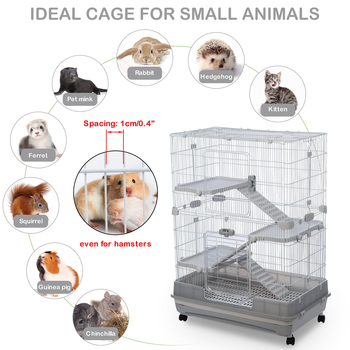 4-Tier 32" Small Animal Metal Cage | Height Adjustable, Lockable Top-Openings | Removable for Rabbit Chinchilla Ferret Bunny Guinea Pig | Suitable for Hamsters | Grey