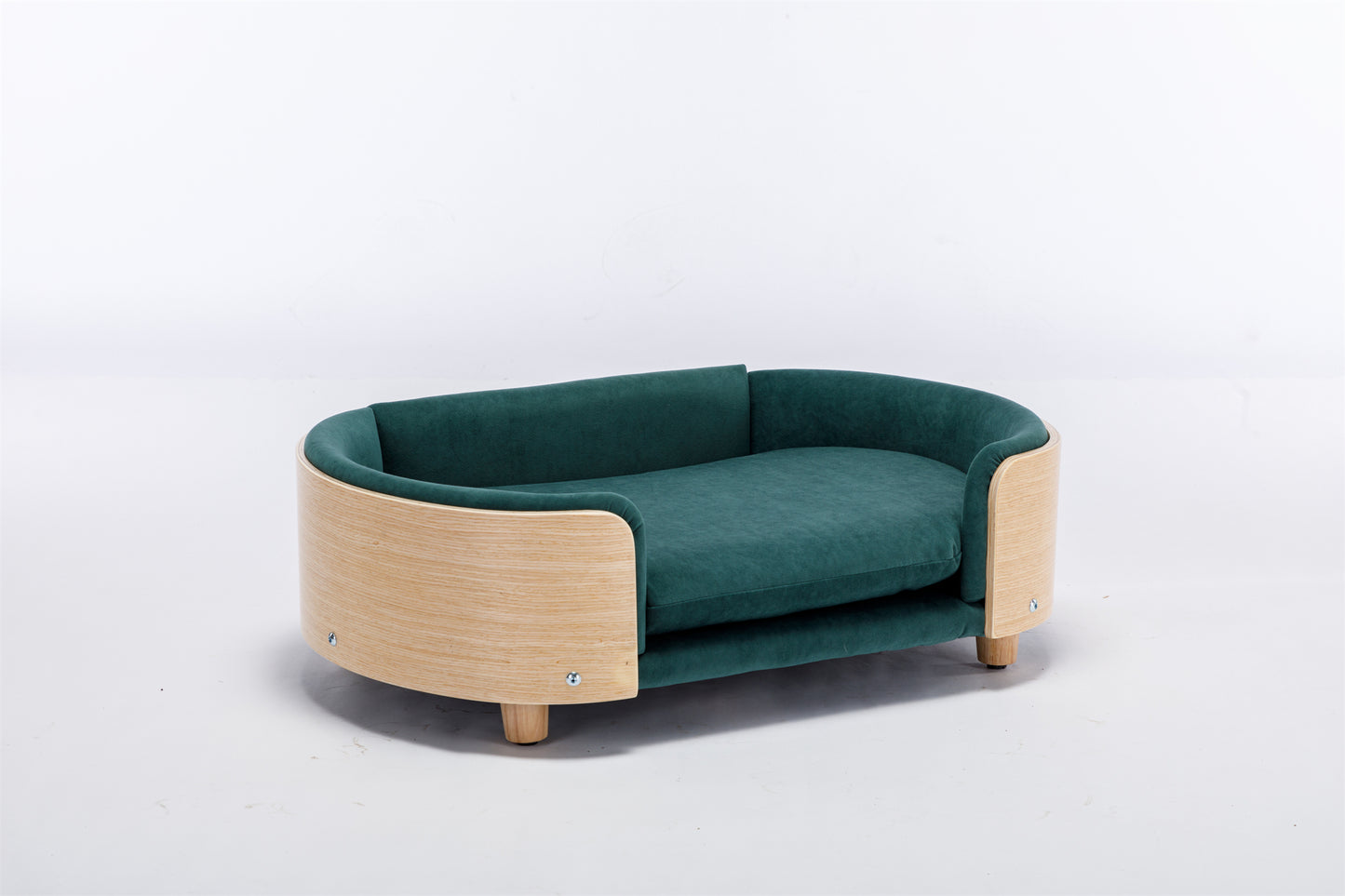 Scandinavian Style Elevated Dog Bed Pet Sofa: Solid Wood Legs, Bent Wood Back, Velvet Cushion - Mid Size, Dark Green