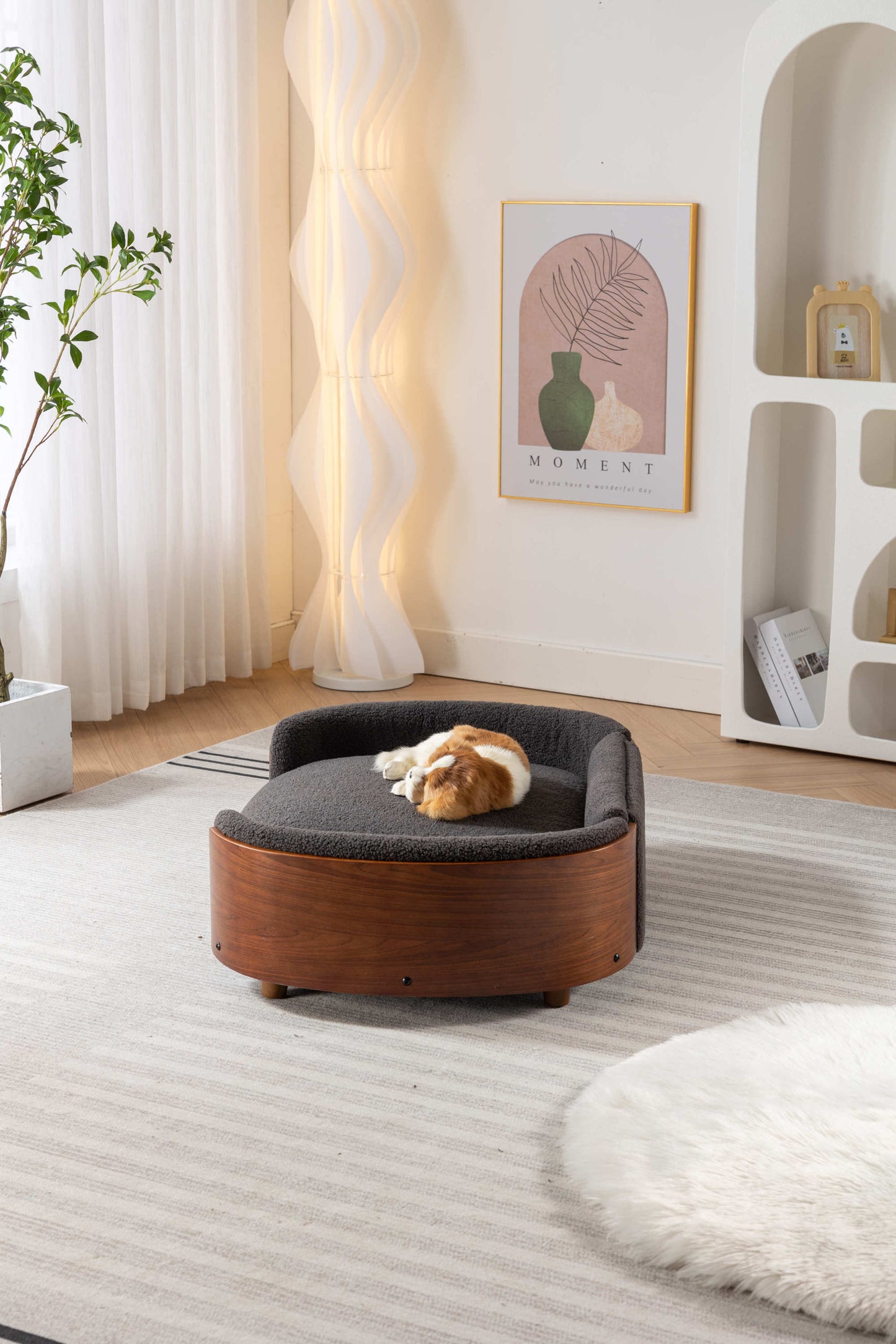 Scandinavian Style Elevated Dog Bed with Solid Wood Legs, Walnut Bent Wood Back, Cashmere Cushion - Large Size