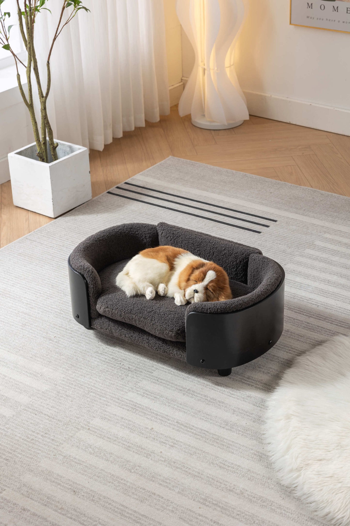 Scandinavian Style Elevated Dog Bed Pet Sofa with Solid Wood Legs, Black Bent Wood Back, Cashmere Cushion - Small Size